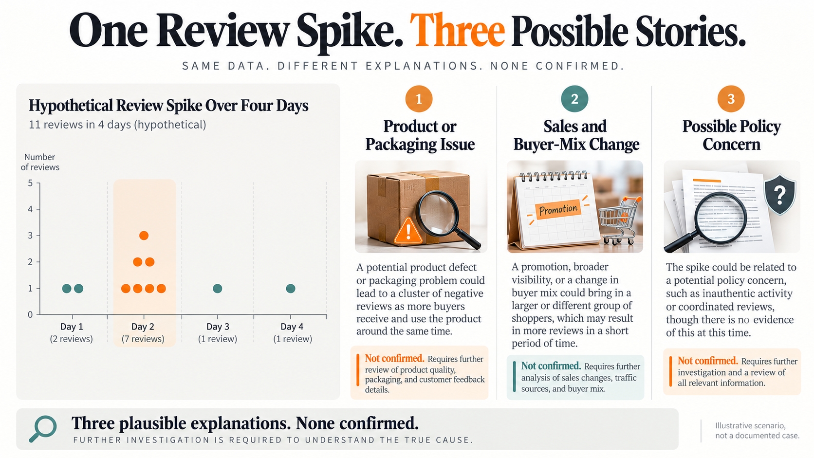 Hypothetical Amazon review spike shown alongside three possible explanations: a product defect, a change in customer demand, or suspected review abuse requiring investigation.