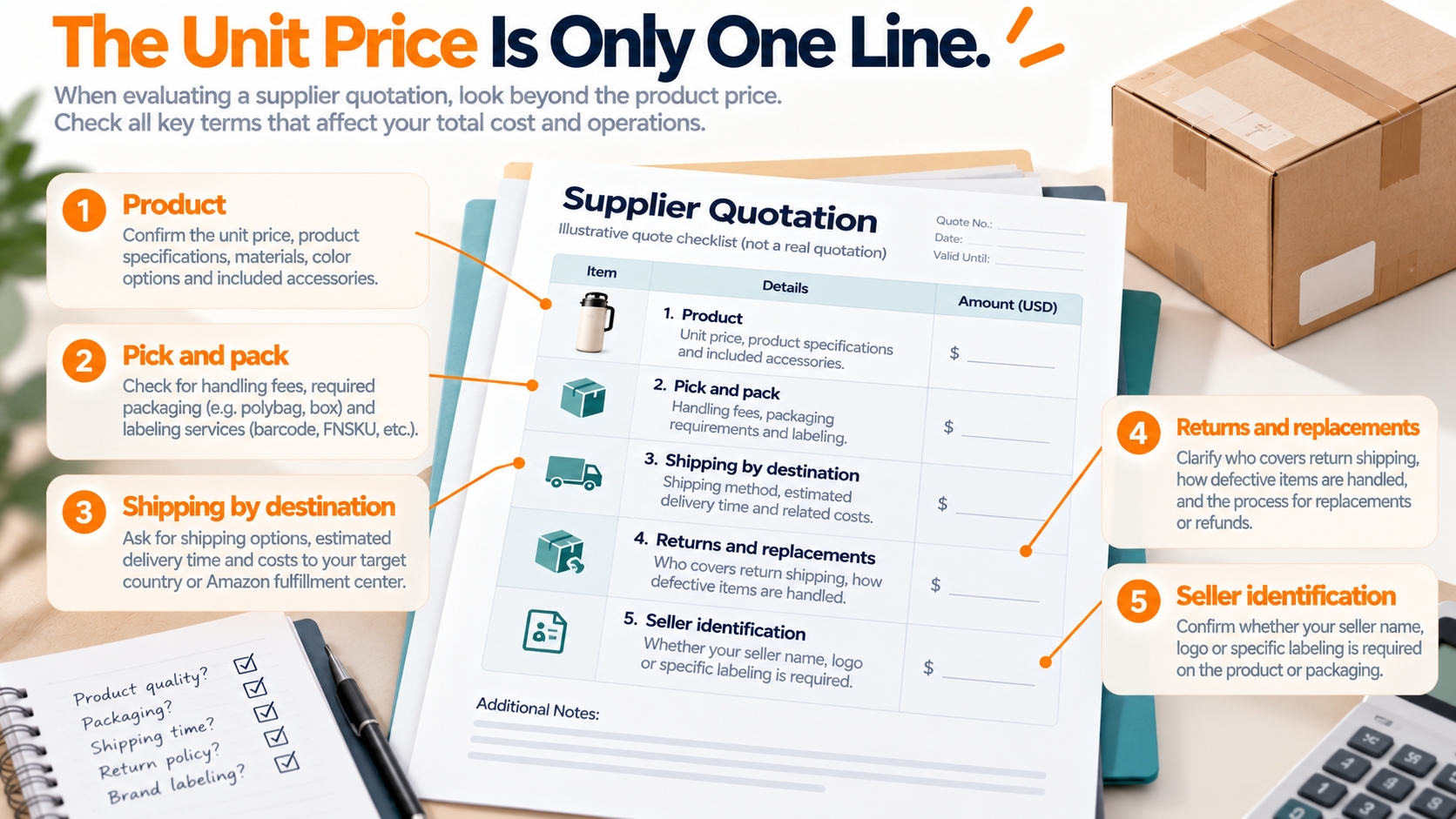 Annotated supplier quotation separates product price from handling, delivery, return terms, and seller-identification requirements.