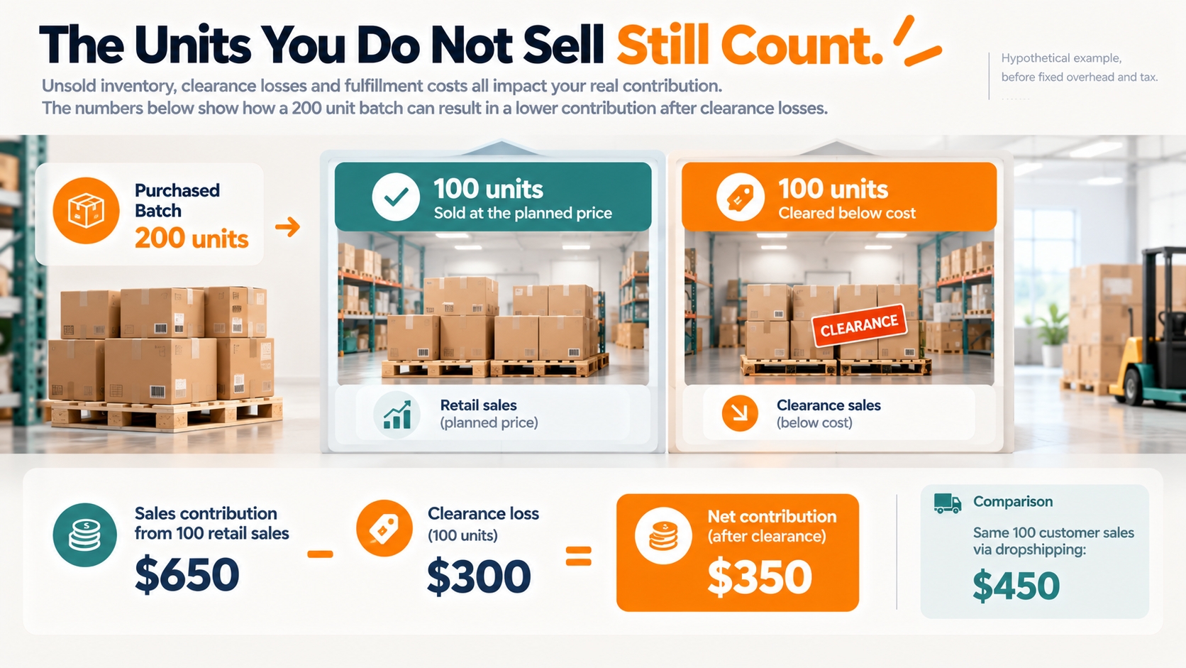 Hypothetical FBA batch splits into 100 retail sales and 100 cleared units, reducing contribution from $650 to $350 after clearance losses.