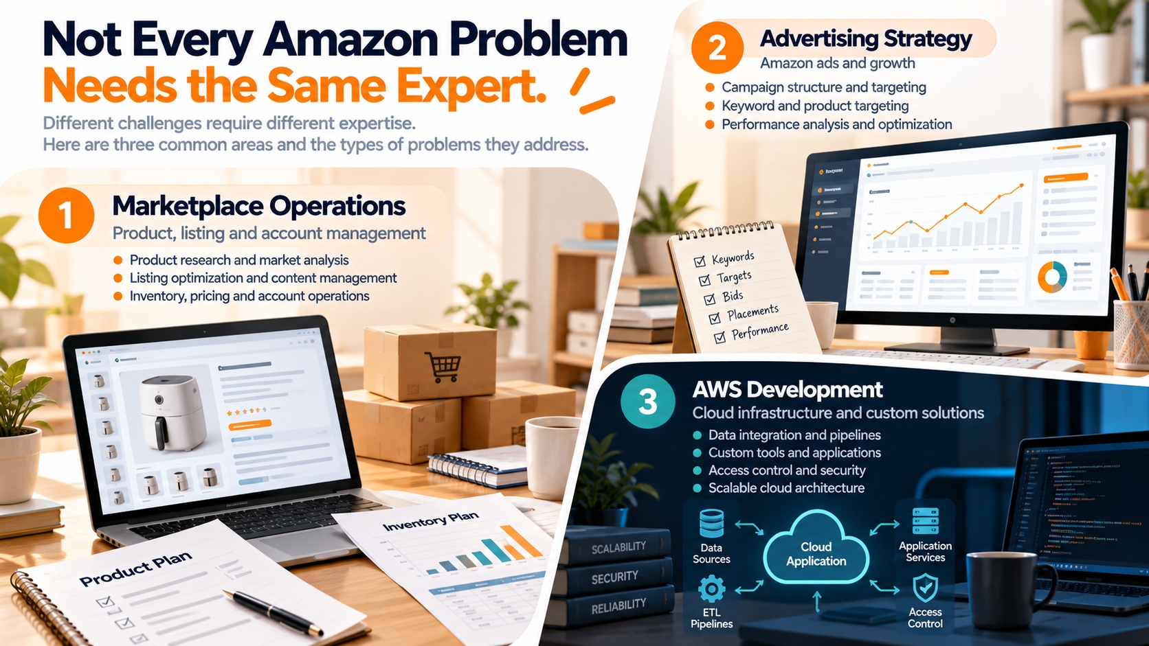 Editorial illustration distinguishing Amazon marketplace consulting, Amazon advertising consulting, and AWS cloud development through three different business problems.