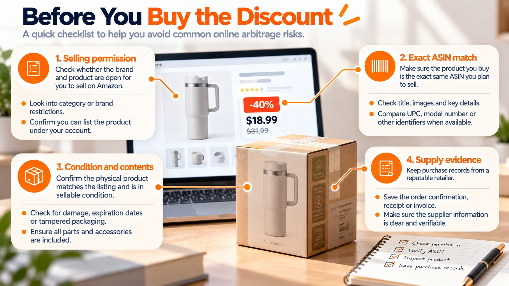 Online arbitrage purchasing checklist separates selling approval, exact ASIN matching, physical product condition, and supply documentation before an order is placed.