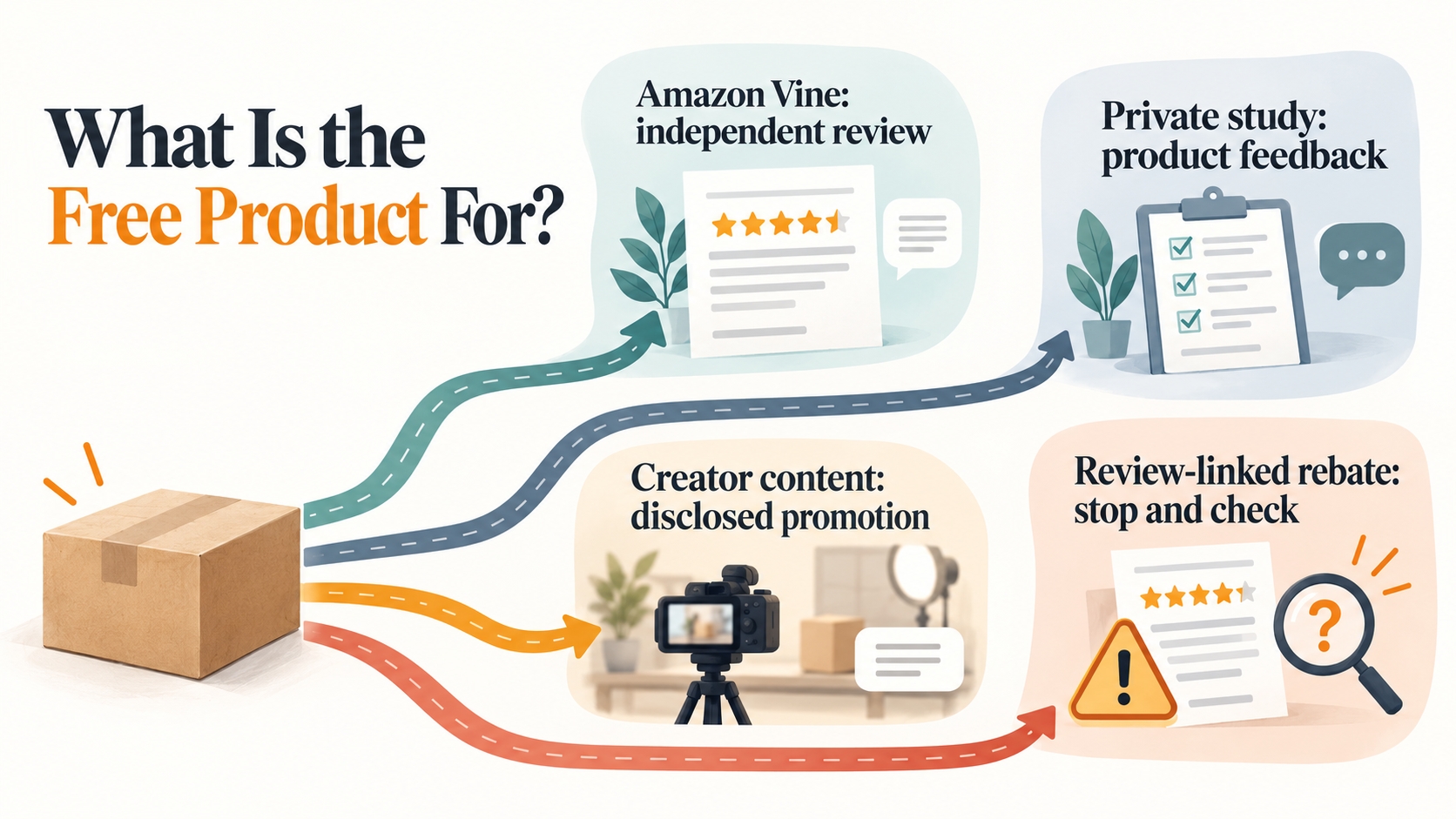 Four distinct paths separate Amazon Vine, private usability research, gifted creator content, and a review-linked rebate.