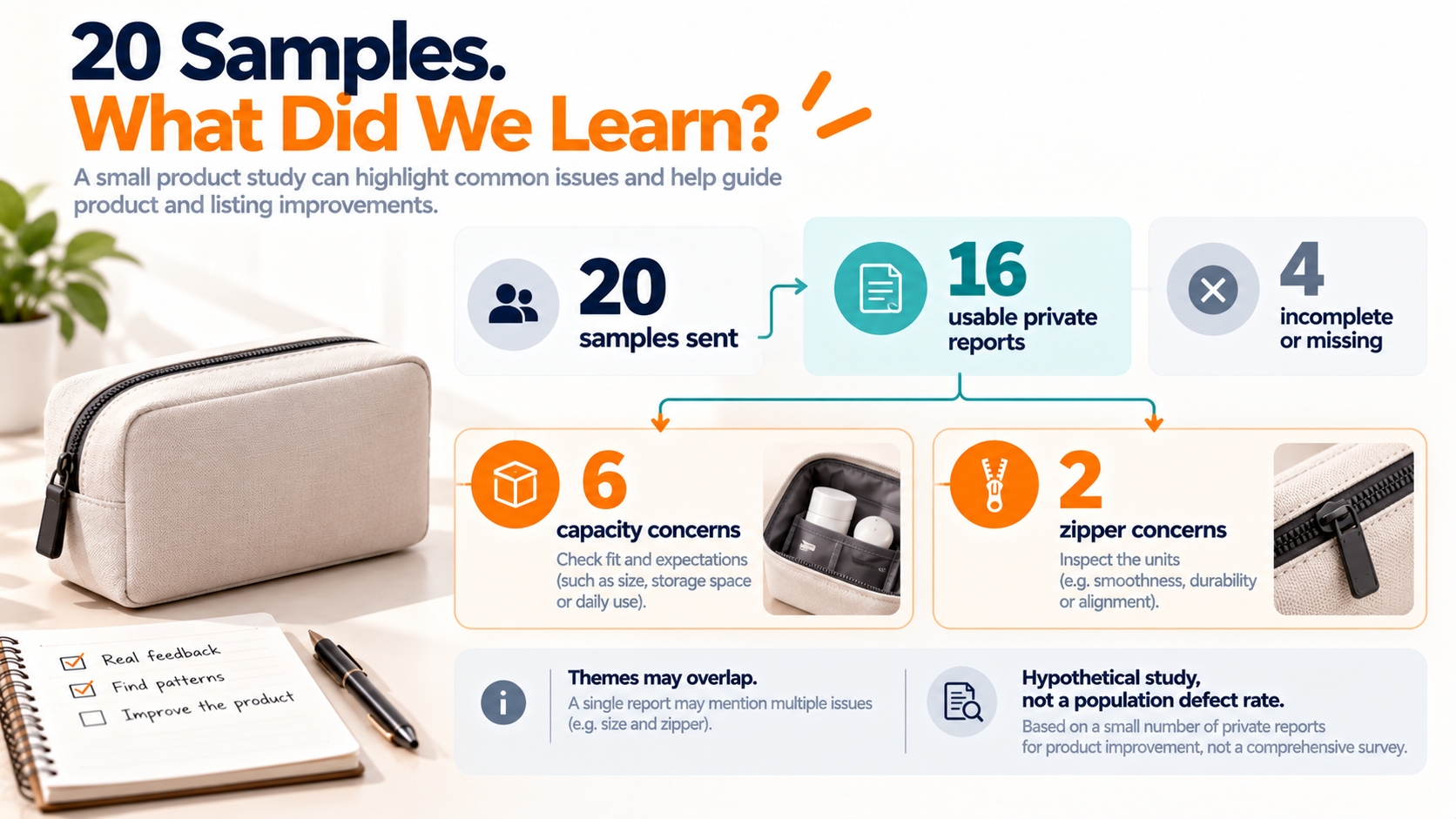 Hypothetical product study records 20 samples sent, 16 completed reports, six capacity concerns, and two zipper concerns requiring separate follow-up.
