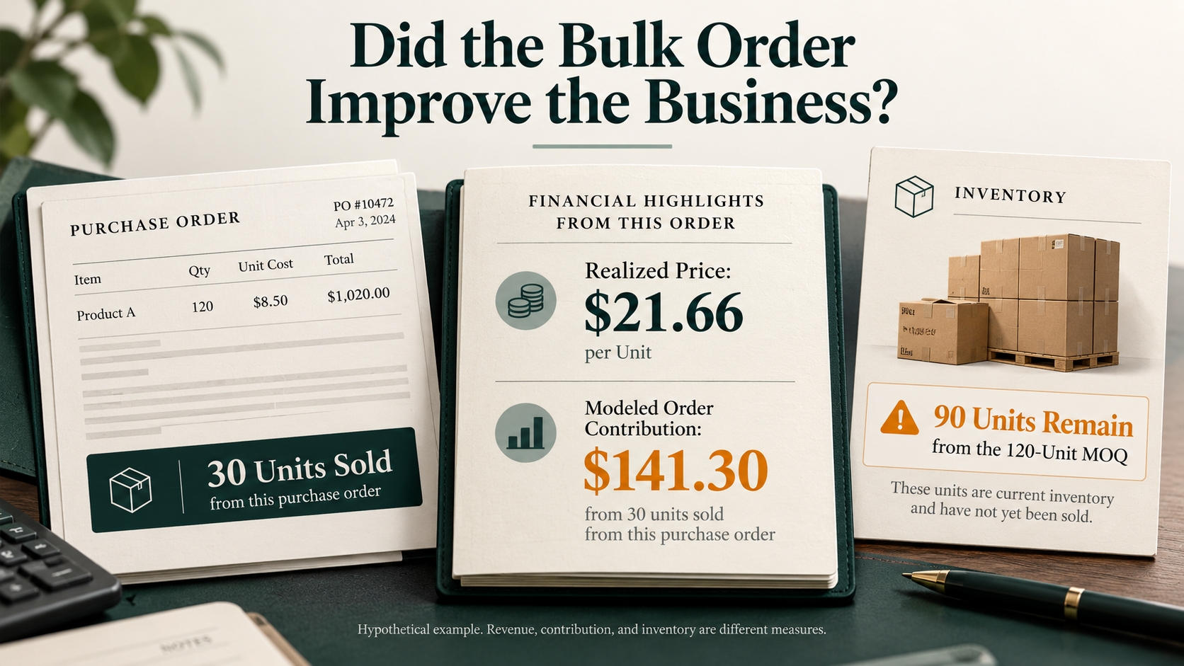 Amazon Business performance measurement diagram separates units sold, realized business price, net contribution, and remaining wholesale inventory.