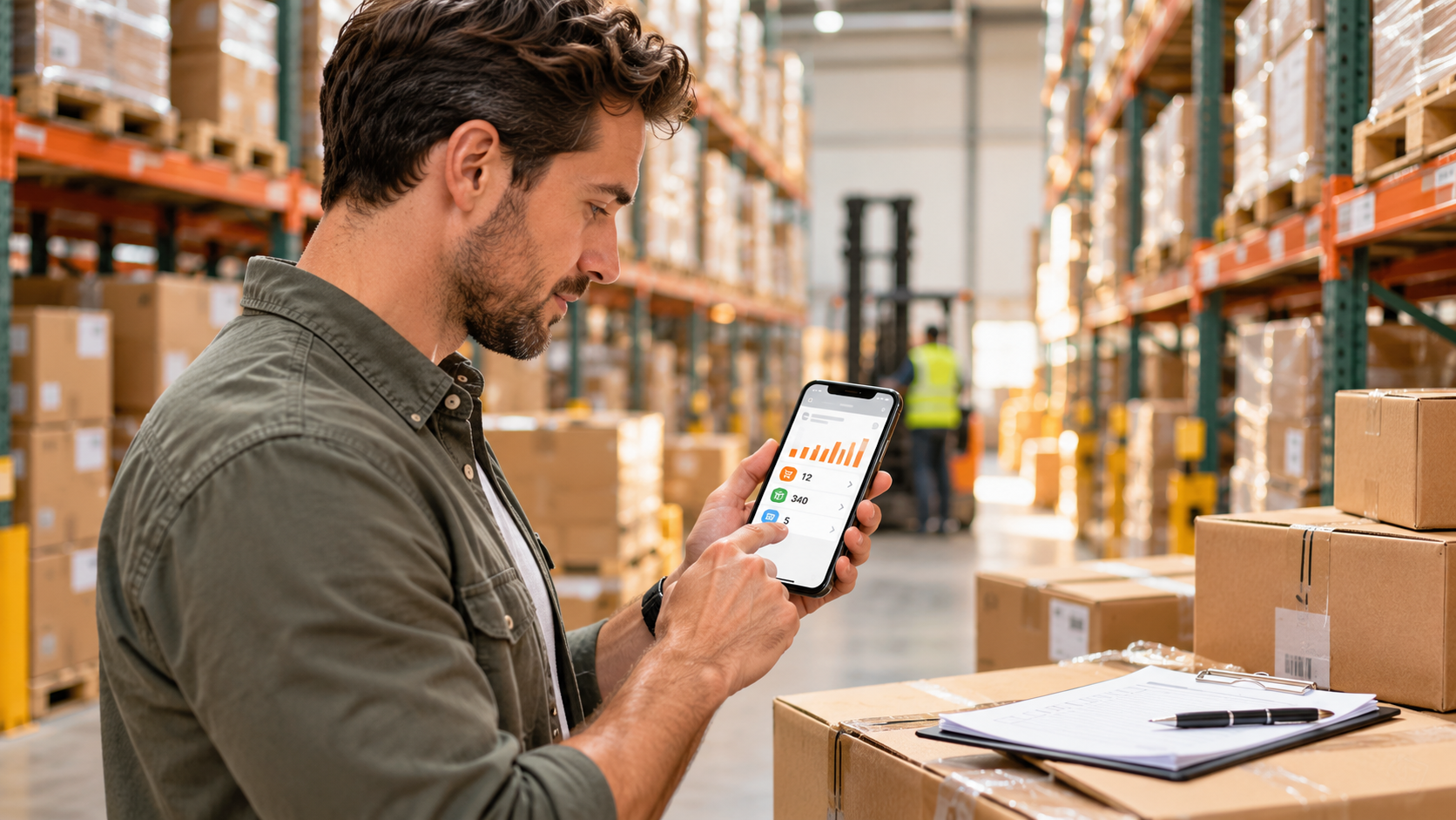 Amazon seller managing orders on a phone during a warehouse visit