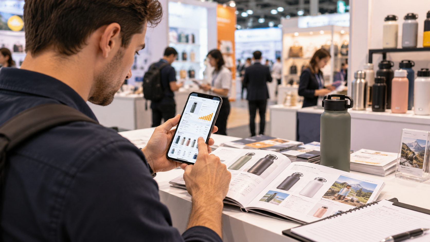 Amazon seller researching a product on a mobile app at a trade show