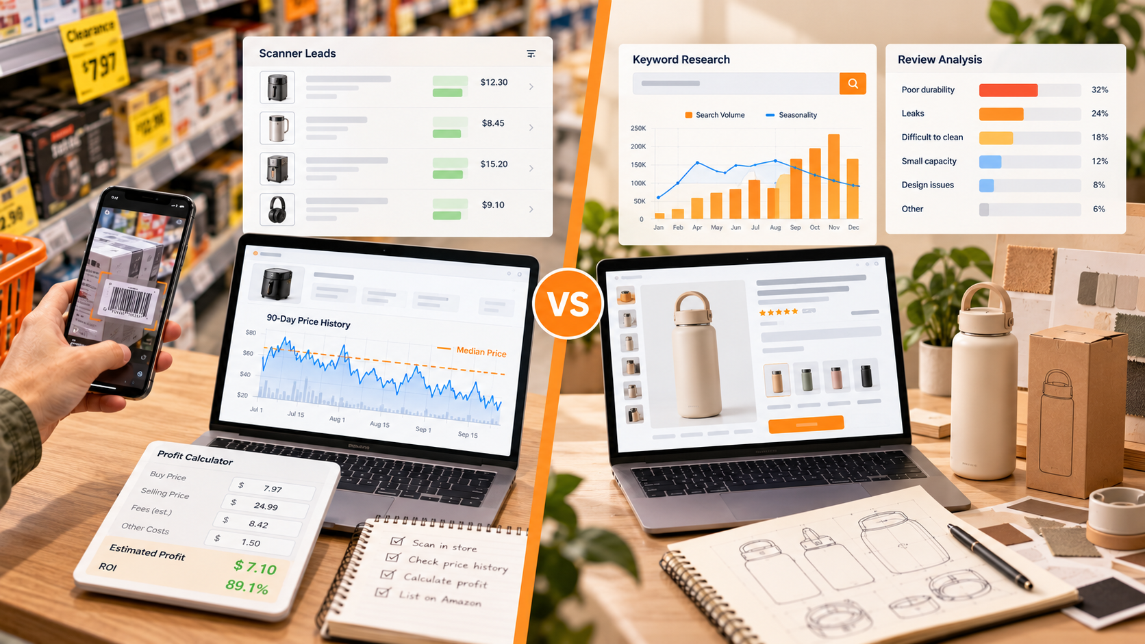 Tools for Amazon arbitrage vs. private label shown side by side in a US seller workflow