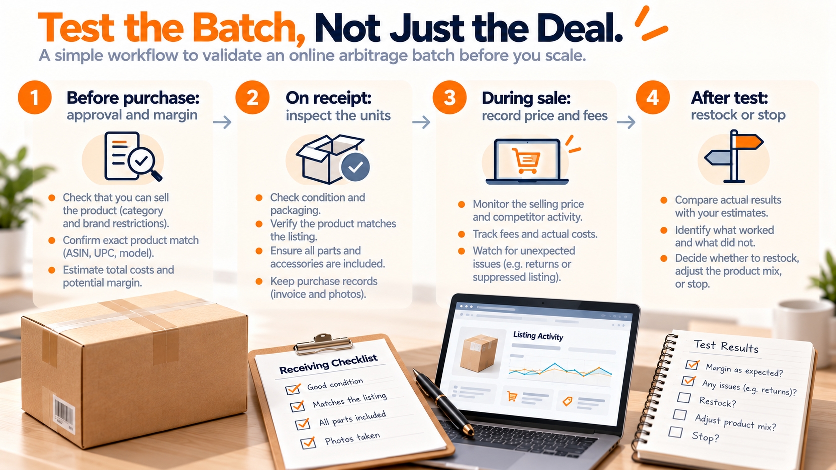 Online arbitrage pilot batch shows purchase authorization, receiving inspection, Amazon listing activity, realized sales, and a restocking decision.