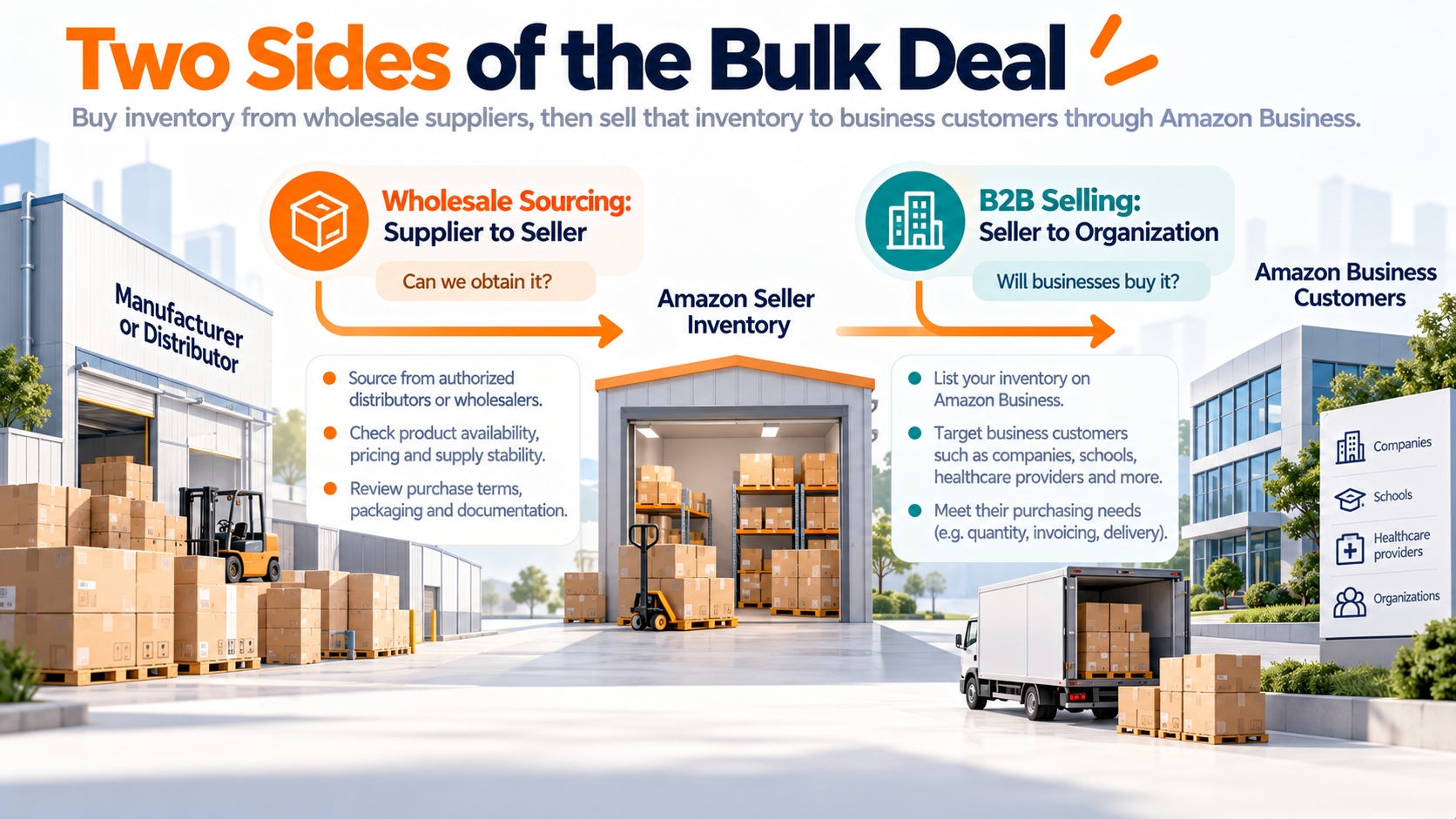 Supply-chain diagram distinguishes purchasing inventory from a wholesale supplier and selling that inventory to business customers through Amazon Business.