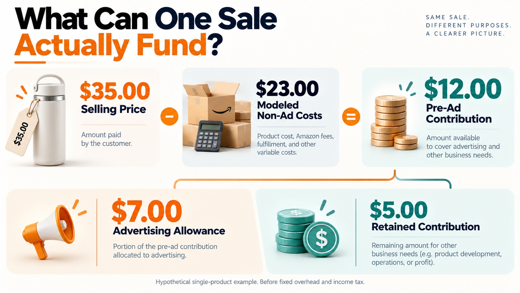 Hypothetical $35 Amazon sale produces $12 contribution before advertising, of which $7 is allocated to advertising and $5 is retained for other business needs.