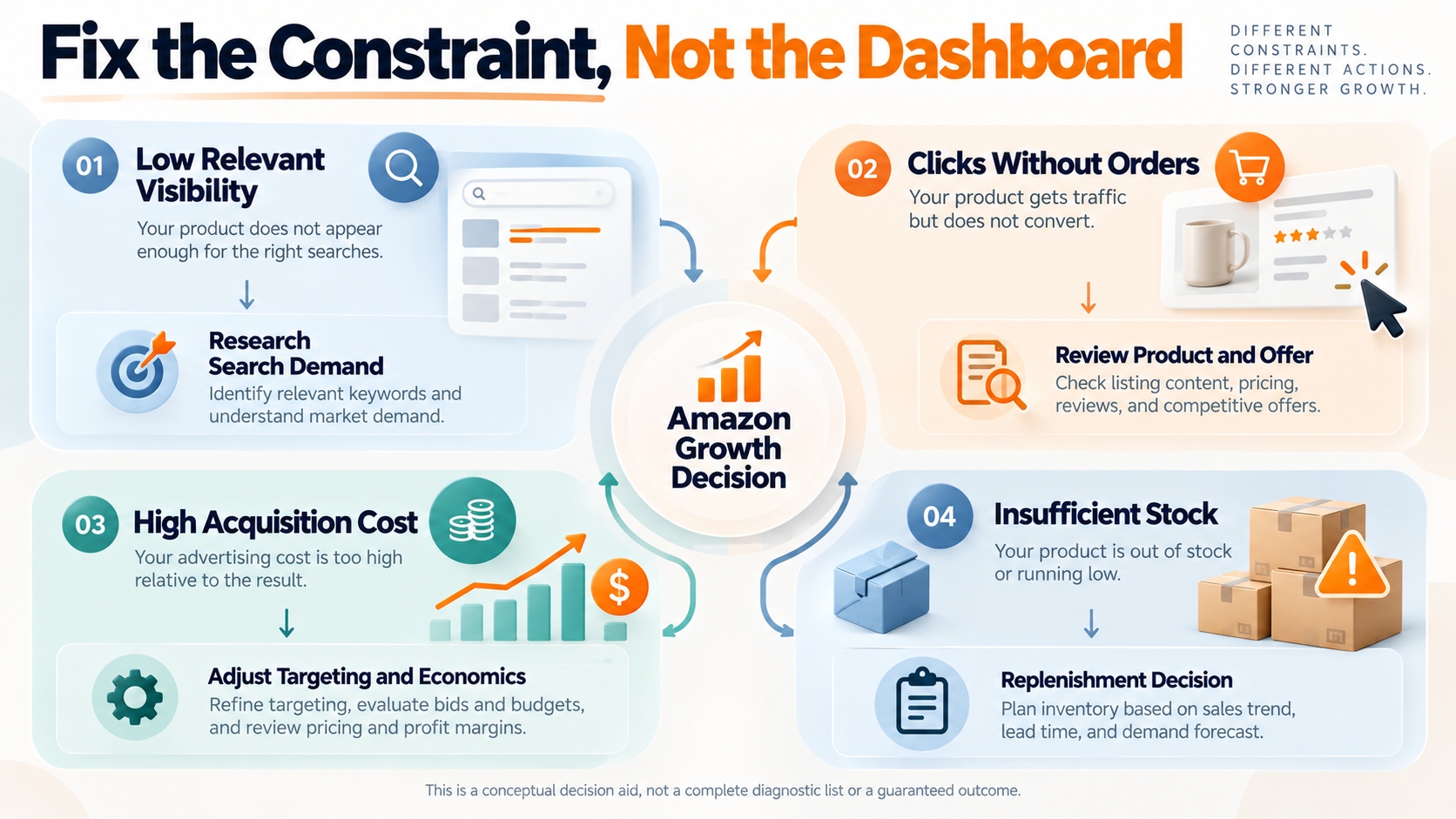Amazon selling strategy decision diagram distinguishes poor visibility, weak listing conversion, excessive acquisition costs, and stock shortages, each requiring a different response.
