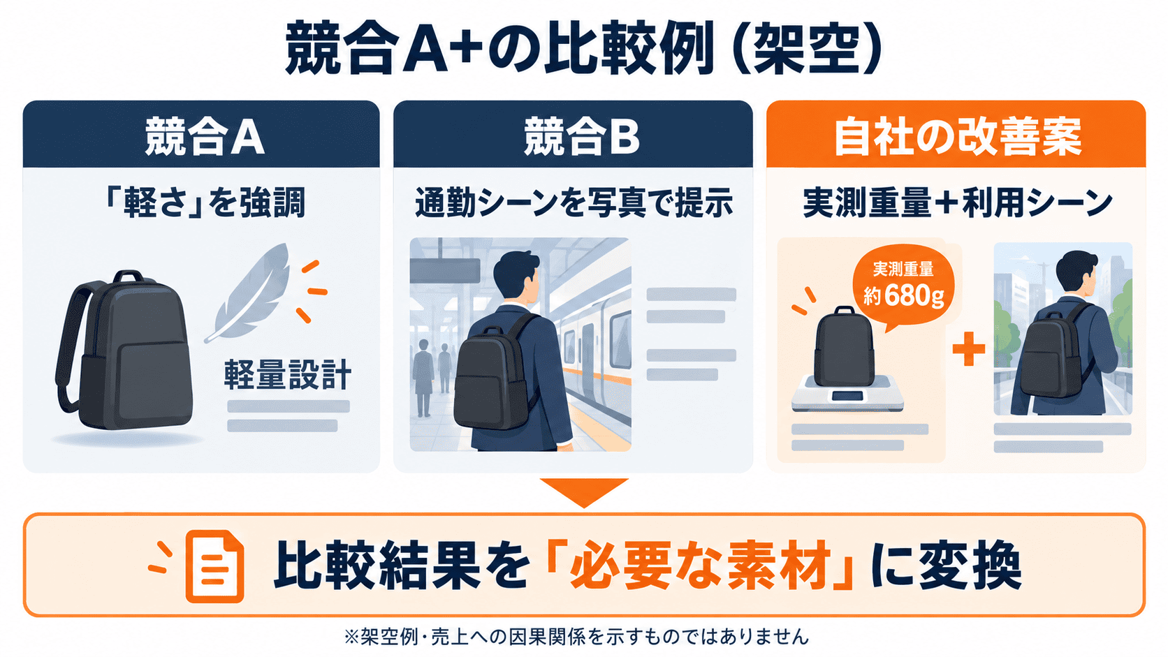 競合Aの軽さ訴求、競合Bの通勤シーン訴求、自社の重量表示と利用写真を比較した架空例