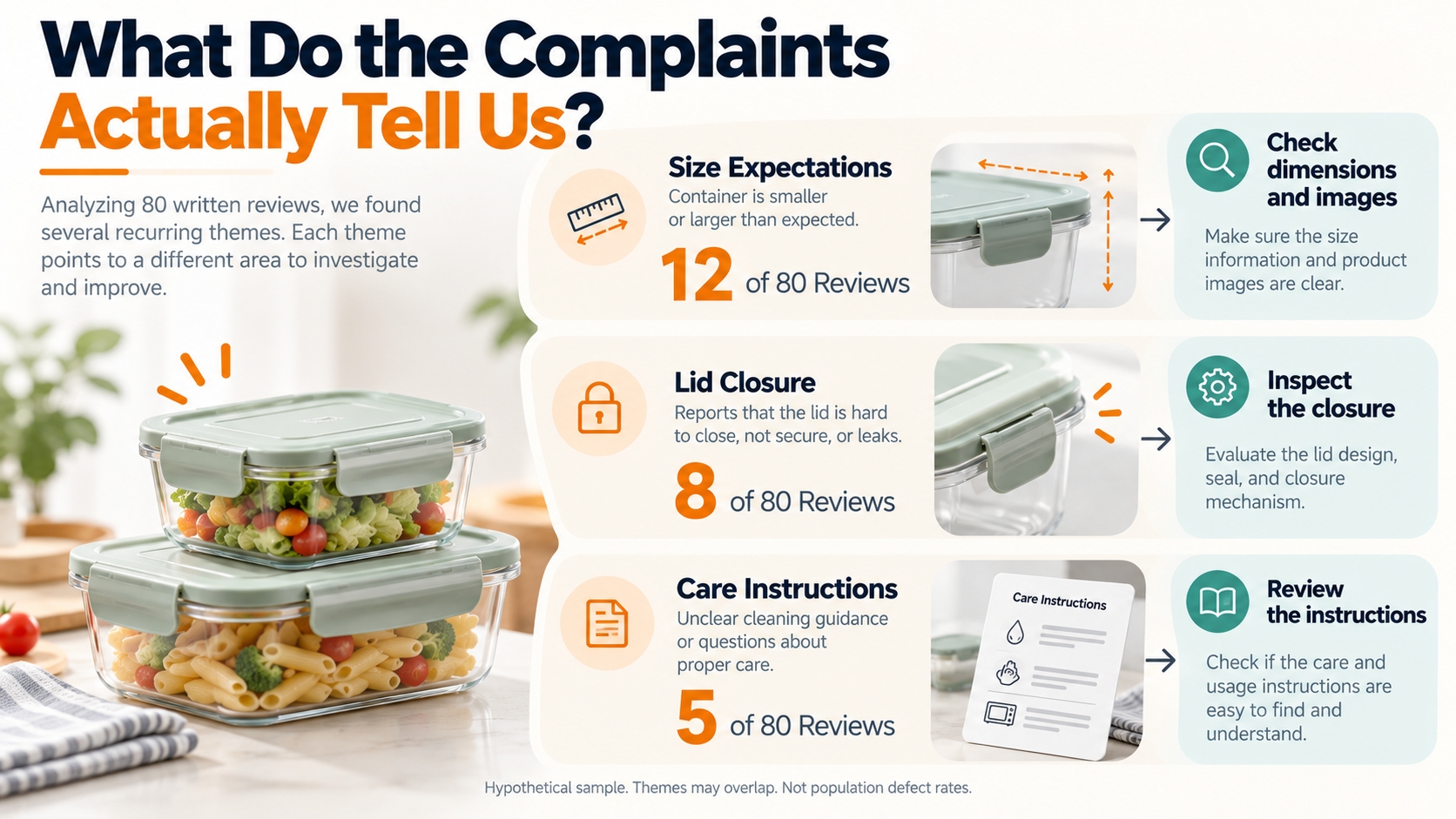 Hypothetical analysis of 80 written reviews identifies 12 size concerns, eight lid concerns, and five care-instruction concerns requiring different follow-up actions.