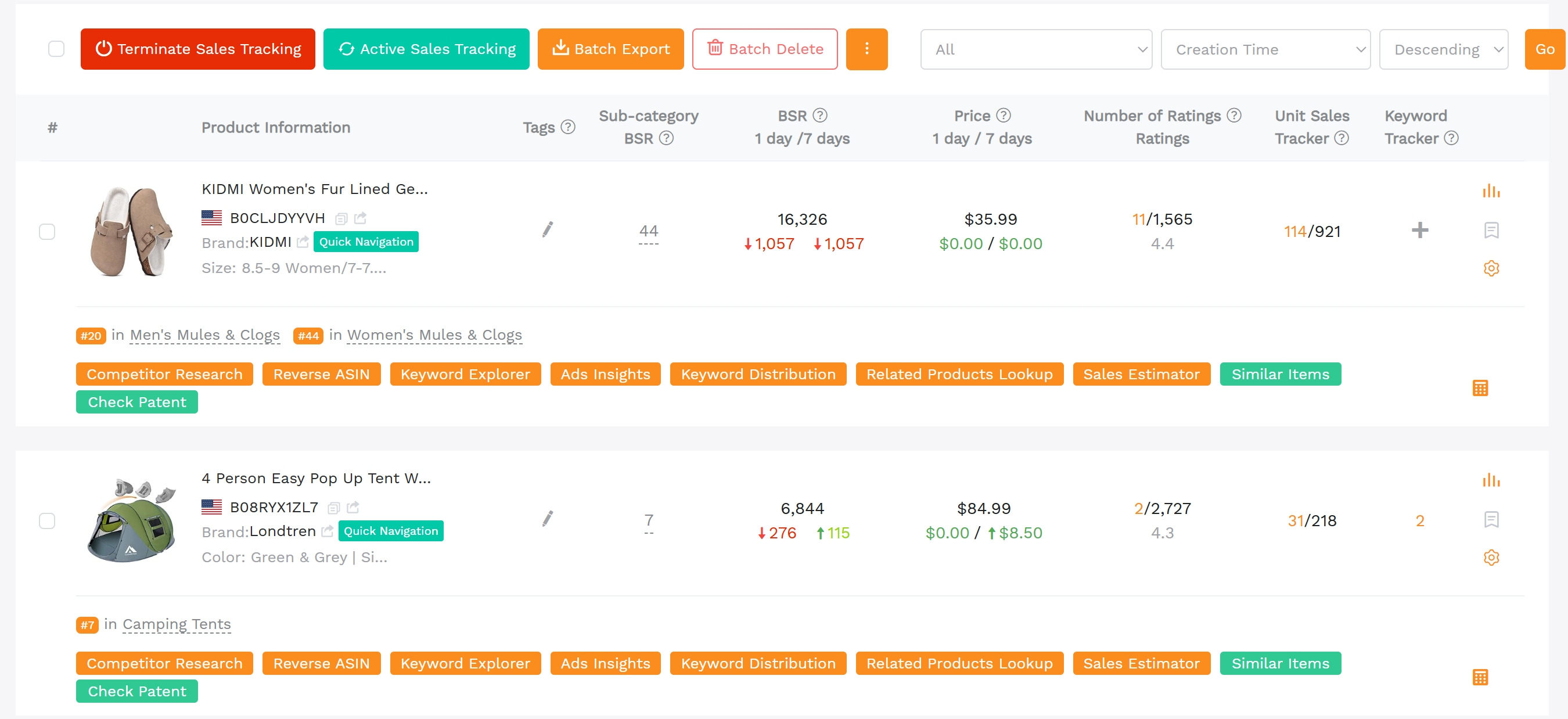 SellerSprite Product & Keyword Tracker interface showing historical price, rating, BSR, and keyword-ranking indicators for two Amazon US products under monitoring.