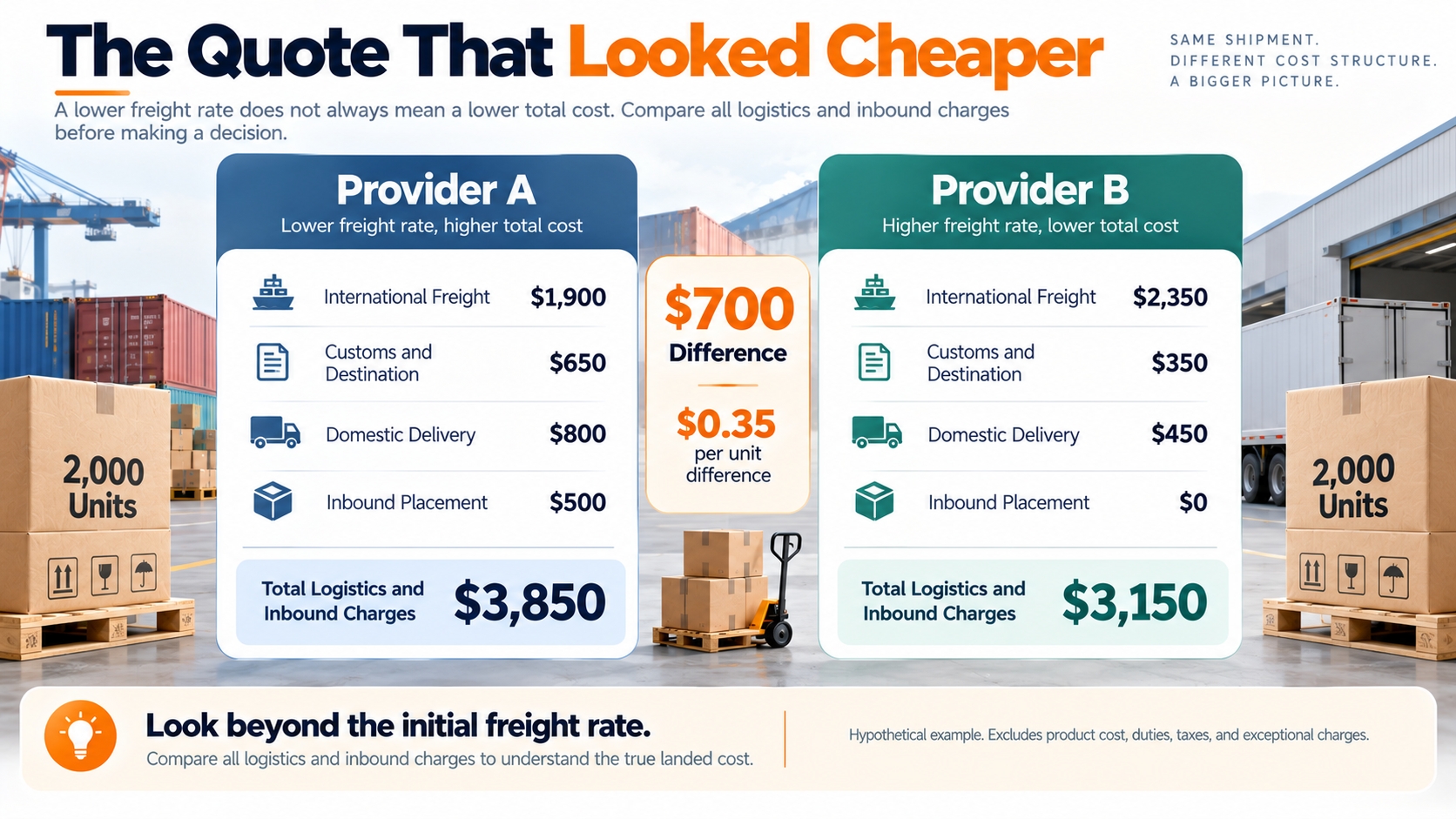 Hypothetical comparison of two 2,000-unit FBA shipments shows Provider A costing $3,850 in total logistics and inbound charges versus Provider B at $3,150 despite Provider A having the lower initial freight rate.