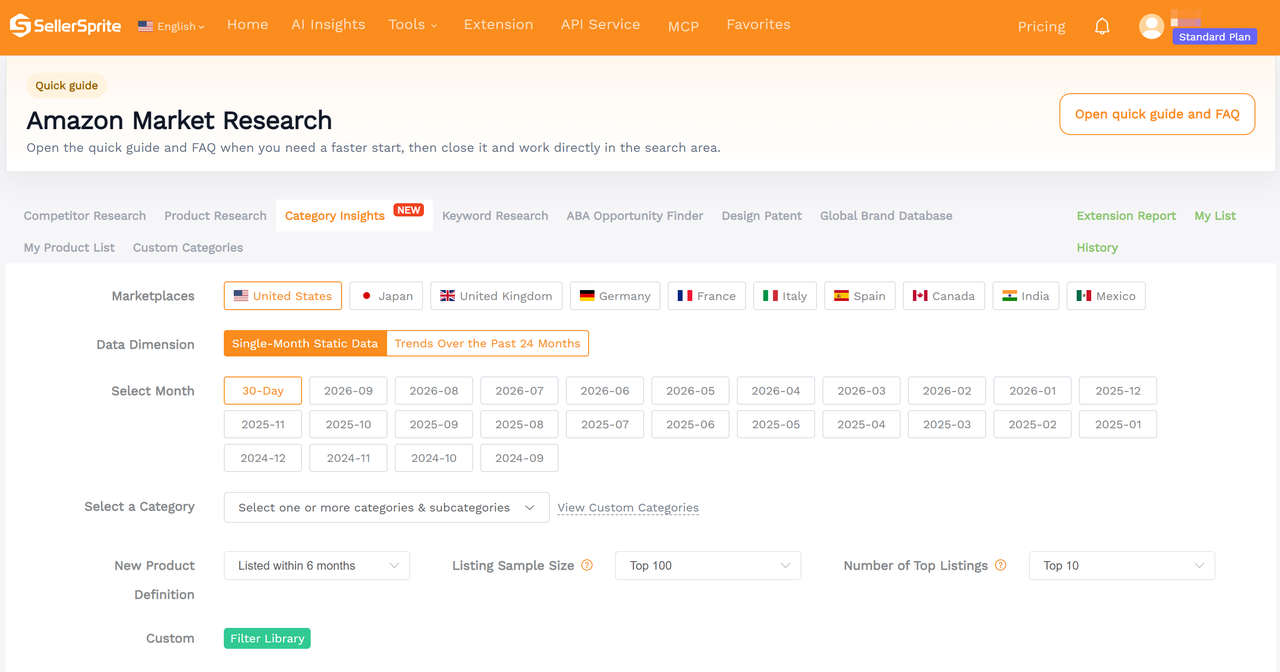 SellerSprite Category Insights 3.0 dashboard with filters for Amazon marketplace, date range, category, product samples.