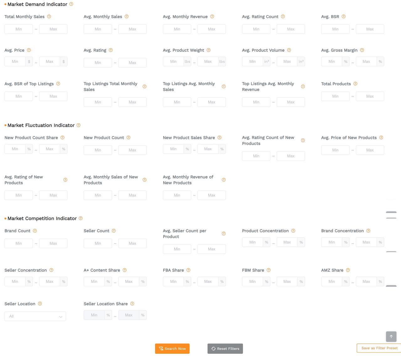 SellerSprite Category Insights 3.0 filters including indicators for market demand, fluctuation, and competition.