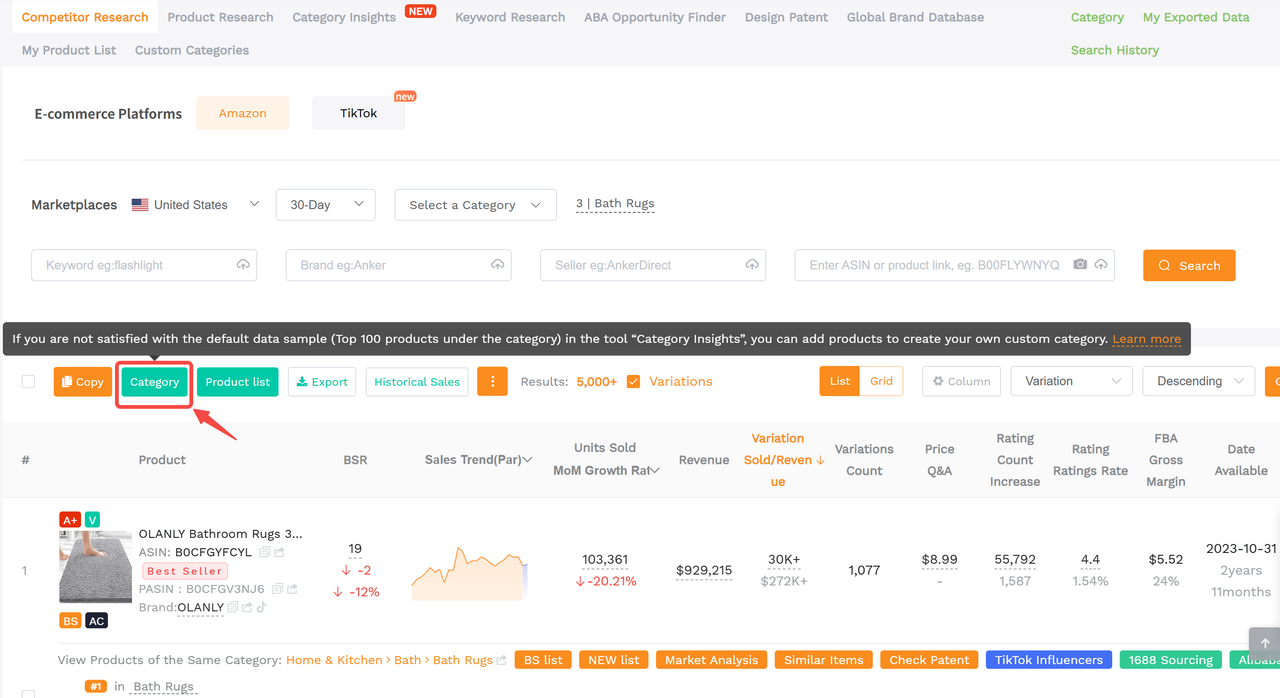 The shortcut of using SellerSprite's custom categories feature within its Competitor Research tool.