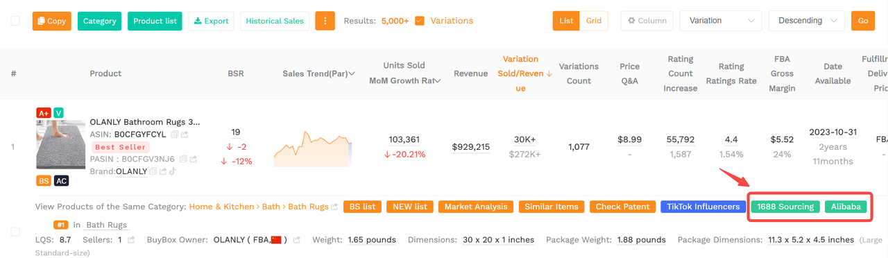 The shortcut to sourcing products on 1688 or Alibaba within SellerSprite tools.