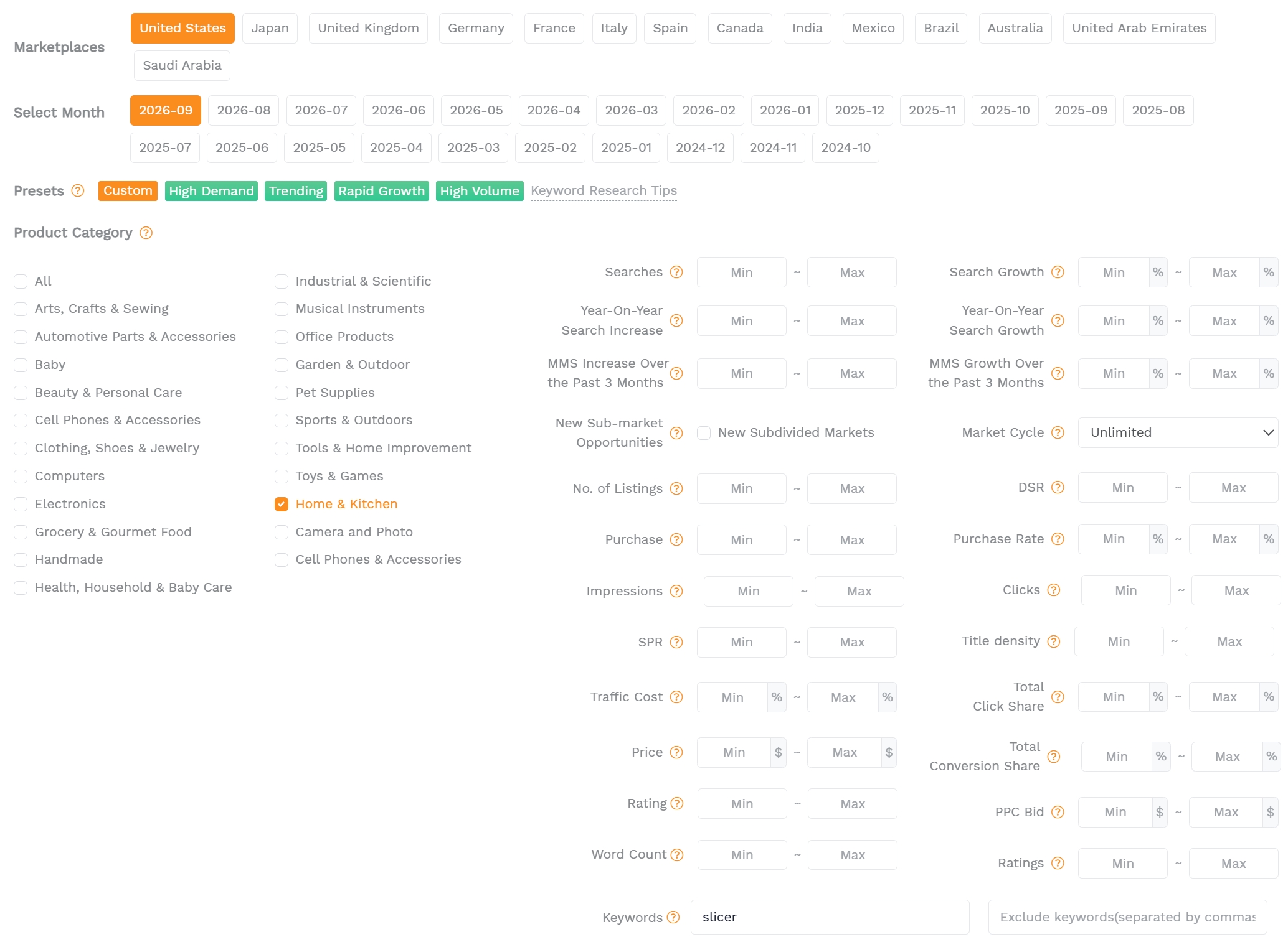SellerSprite Keyword Research interface displaying the selected Amazon marketplace, research period and keyword metrics used to evaluate local product search demand.