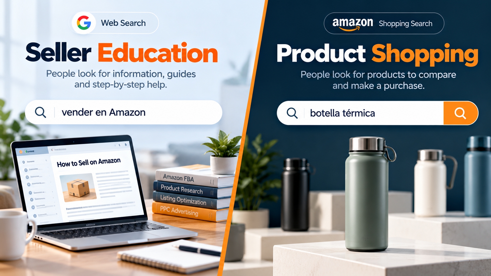 Visual comparison between a Google search about selling on Amazon and an Amazon shopping search for an insulated bottle, illustrating two different forms of search intent.