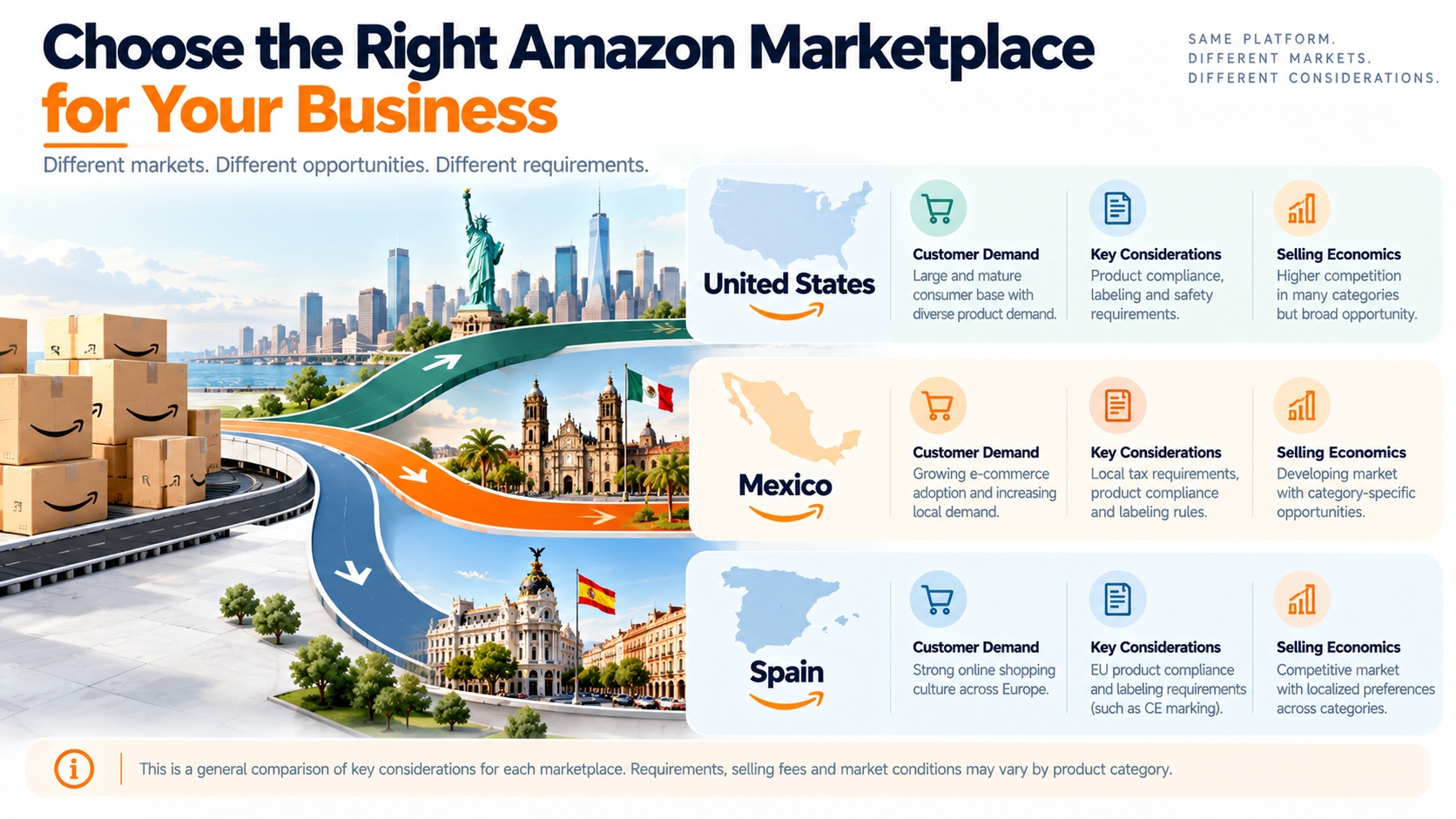 Three-market Amazon selling framework comparing the US, Mexico and Spain by customer demand, compliance obligations and local selling economics.