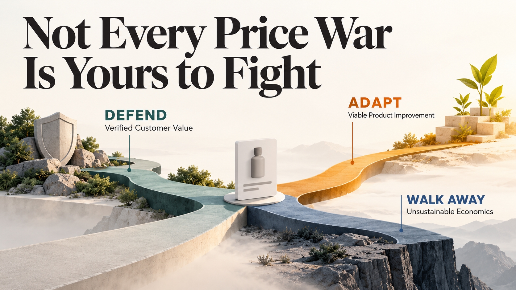 Conceptual decision framework shows Amazon sellers three responses to Temu price competition: defend a differentiated offer, adapt an economically viable product, or avoid a product with insufficient margins and no meaningful differentiation.